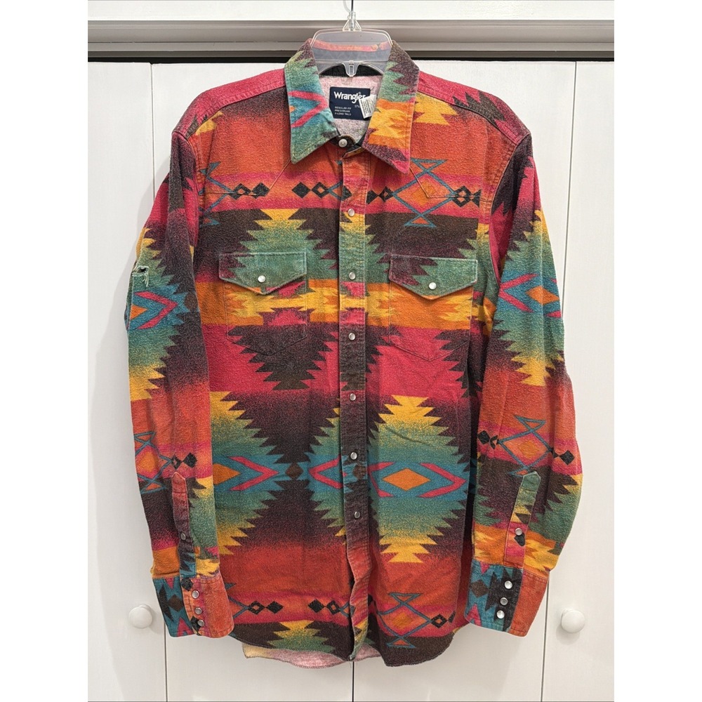 VTG Wrangler Shirt Men's Sz 17.5 x 36 Long Tails Aztec‎ Brushpopper WILD DESIGN!